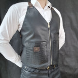 Black Leather Vest With Crocodile Pockets