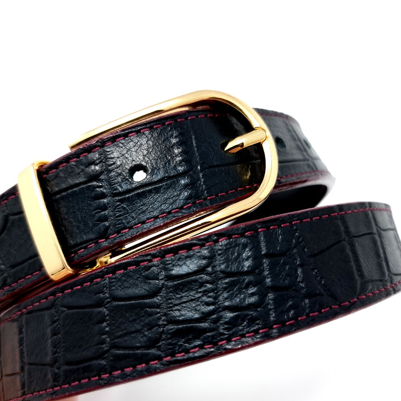 Black Crocodile Embossed Belt Gold Buckle