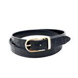 Black Crocodile Embossed Leather Belt Slim Gold Buckle