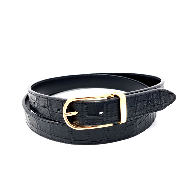 Black Crocodile Embossed Leather Belt Slim Gold Buckle