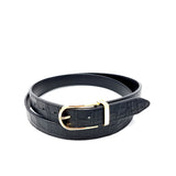 Black Crocodile Embossed Leather Belt Slim Gold Buckle