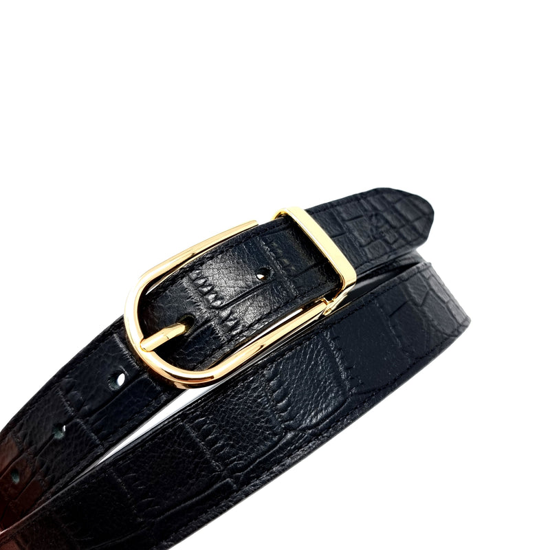 Black Crocodile Embossed Leather Belt Slim Gold Buckle