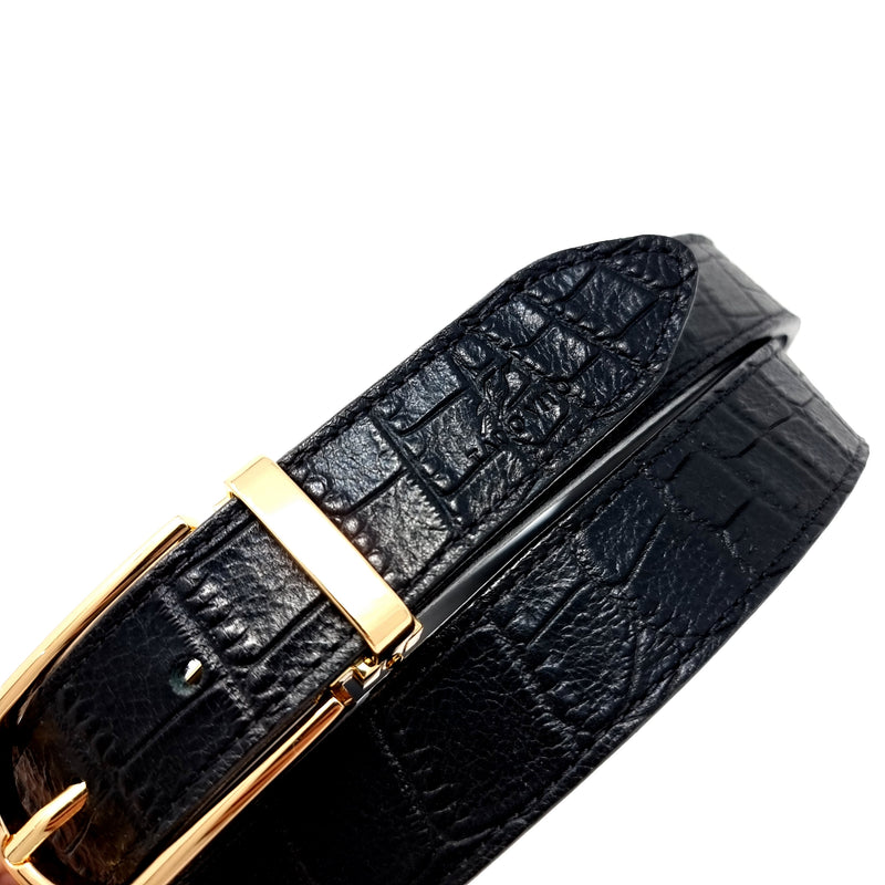 Black Crocodile Embossed Leather Belt Slim Gold Buckle