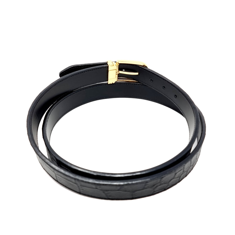 Black Crocodile Embossed Leather Belt Slim Gold Buckle