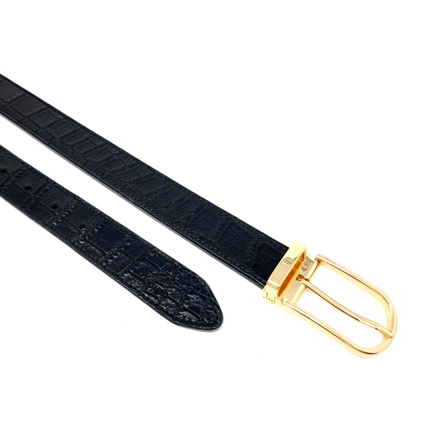 Black Crocodile Embossed Leather Belt Slim Gold Buckle