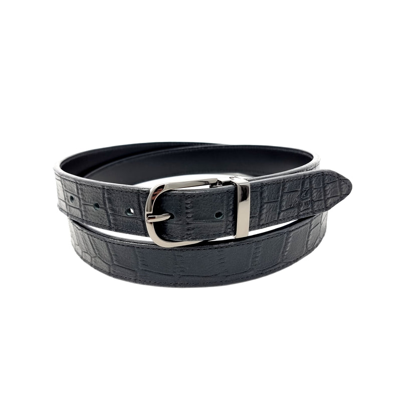 Black Crocodile Embossed Leather Belt Slim Black Buckle
