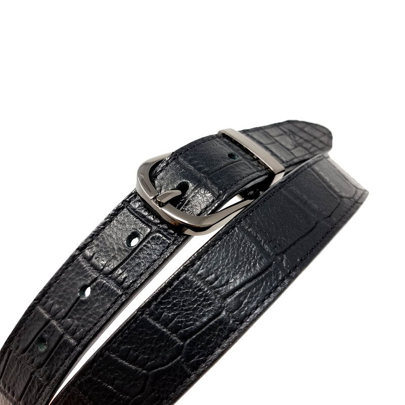 Black Crocodile Embossed Leather Belt Slim Black Buckle