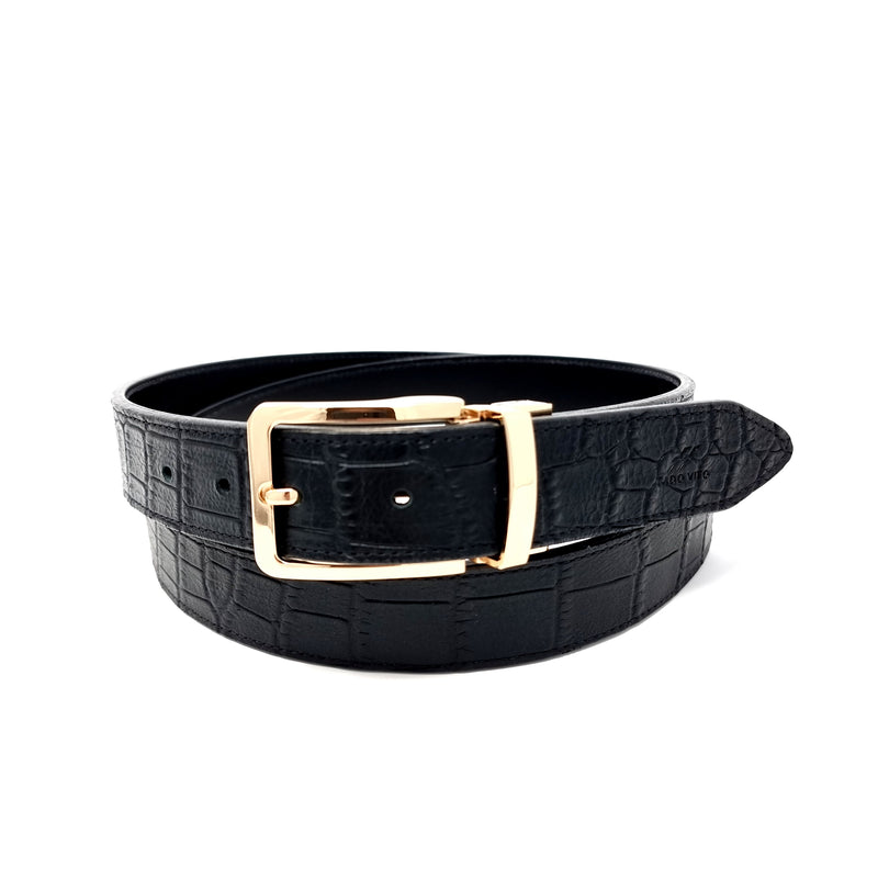 Black Crocodile Embossed Leather Belt Gold Buckle