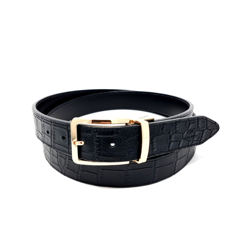 Black Crocodile Embossed Leather Belt Gold Buckle