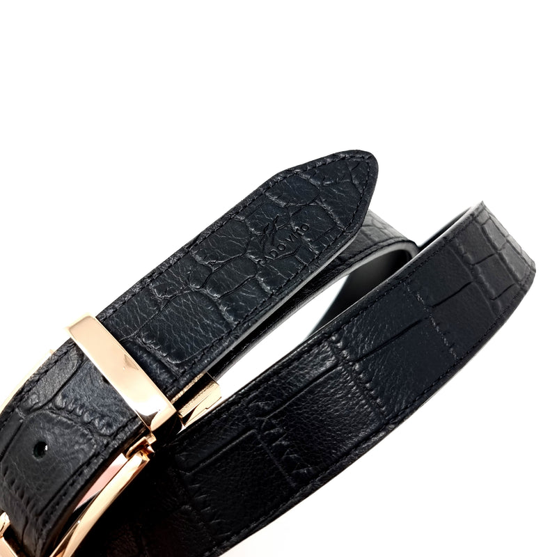 Black Crocodile Embossed Leather Belt Gold Buckle