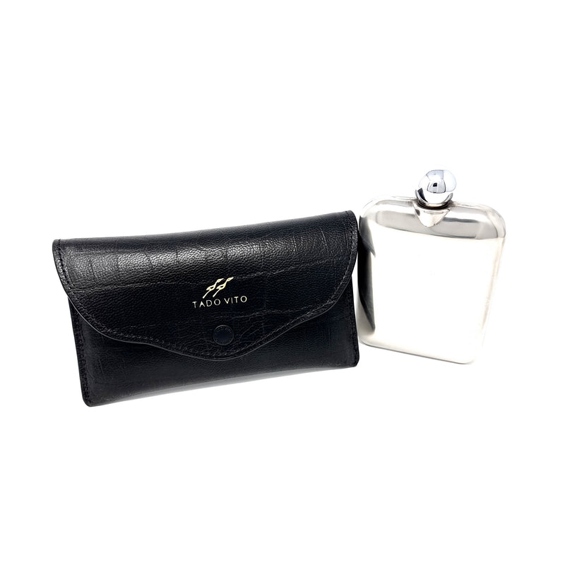 Black Crocodile Embossed Belt Hip Flask Case