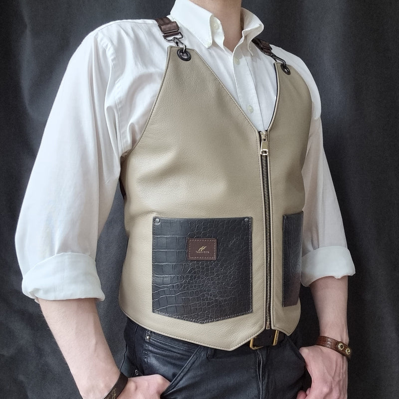 Men Brown Grey Leather Vest