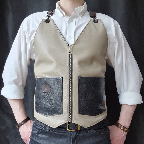 Men Brown Grey Leather Vest