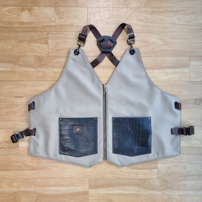 Men Brown Grey Leather Vest
