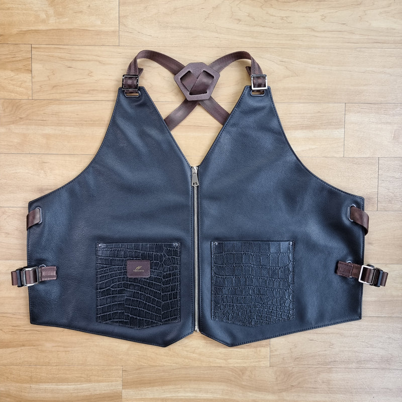 Black Leather Vest With Crocodile Pockets