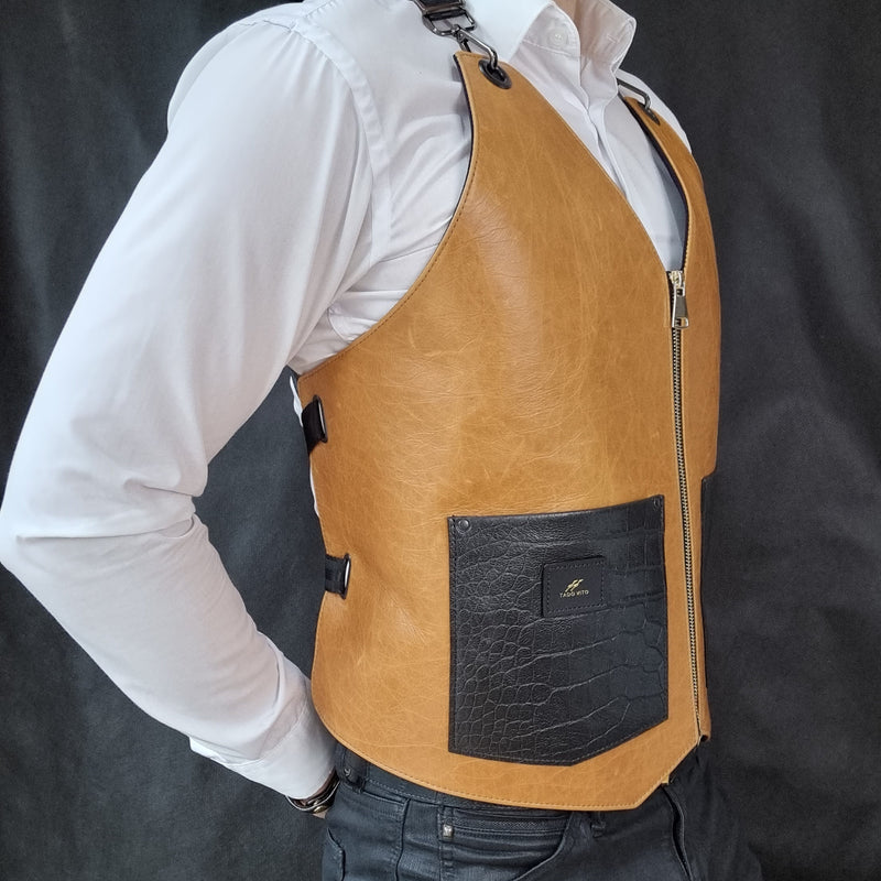 Brown Leather Vest With Crocodile Pockets