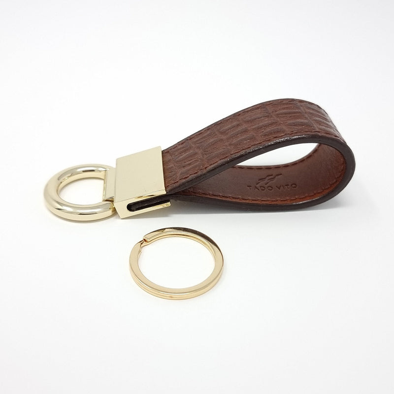 TADO VITO Leather Keyring Gold With Brown Embossed Crocodile Effect Leather