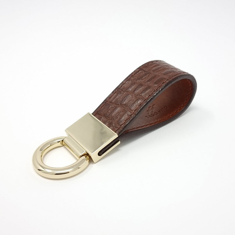 TADO VITO Leather Keyring Gold With Brown Embossed Crocodile Effect Leather