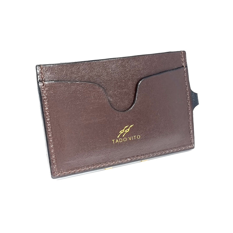 TADO VITO Dark Brown Leather Card Wallet Case Holder With Split Ring Attachment