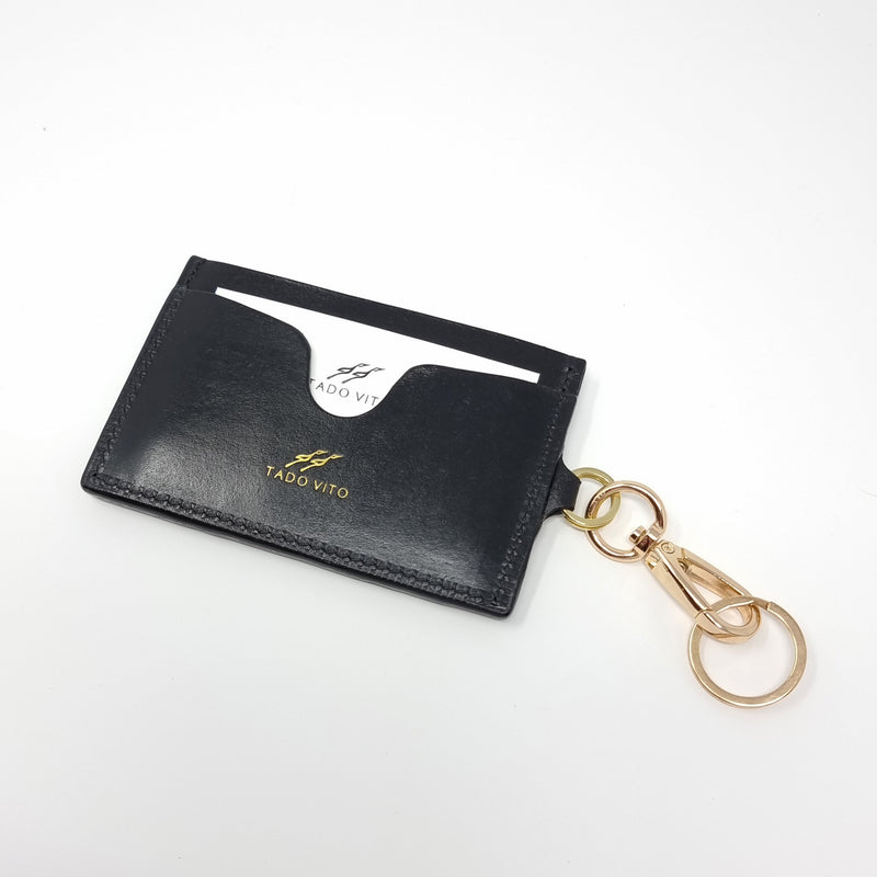 TADO VITO Black Leather Card Wallet Case Holder With Split Ring Attachment