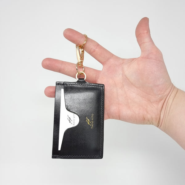 TADO VITO Black Leather Card Wallet Case Holder With Split Ring Attachment
